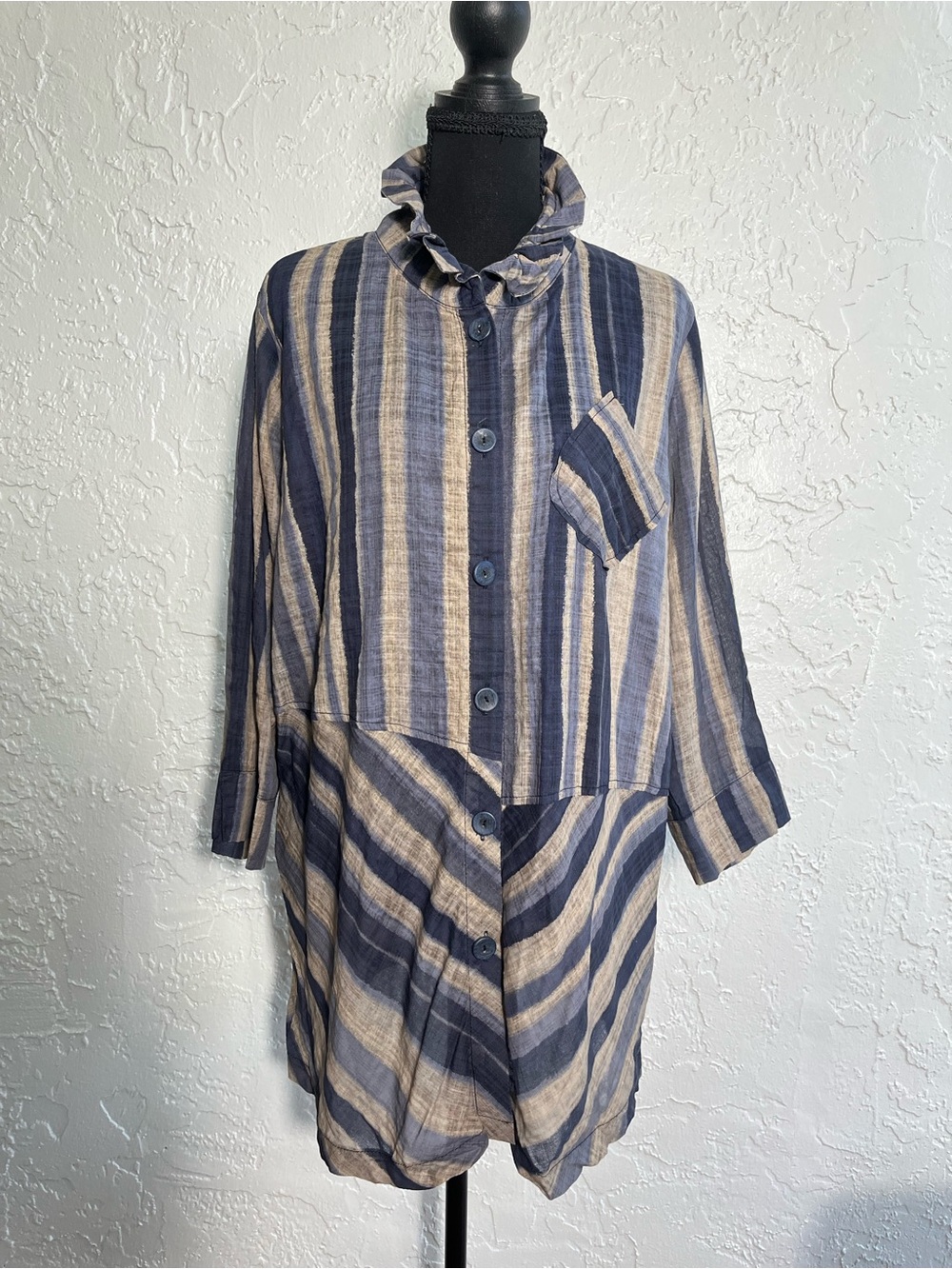 Striped Ruffle Collar Button-Front Blouse - Navy and Beige